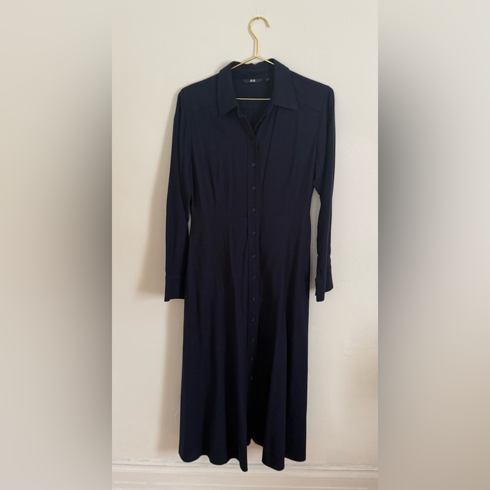 Uniqlo Navy Button-Front Midi Shirt Dress